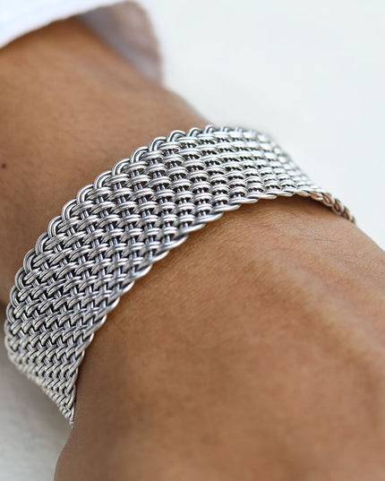 Shining Net 925 Sterling Silver Unisex Woven Cuff Bracelet – 22mm Wide, 32g, Made in Thailand