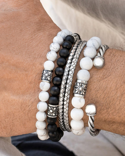 Howlite 925 Sterling Silver & Natural Gemstone Bead Bracelet – White with Grey Veins, 6mm/8mm/10mm, Sizes S–XL, Unisex