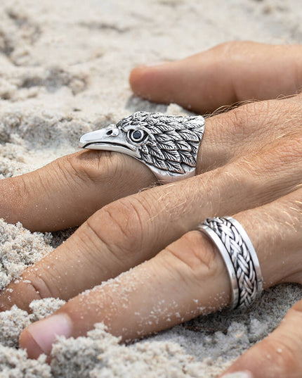 King of Birds Ring – Eagle Design, 925 Sterling Silver with Black Onyx, Sizes 7-15, 34mm Wide