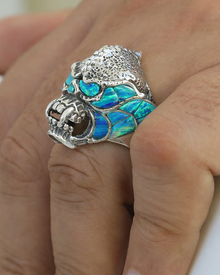 Blue Monster Opal & Onyx Ring – Handmade Sterling Silver (Size 8–14)