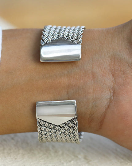 Shining Net 925 Sterling Silver Unisex Woven Cuff Bracelet – 22mm Wide, 32g, Made in Thailand