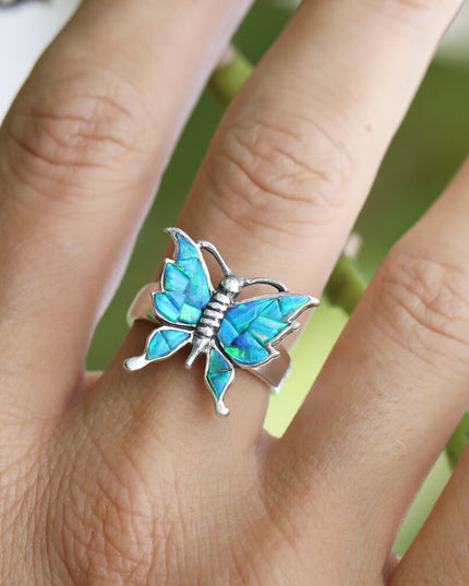 Handmade Sterling Silver Butterfly Ring – Adjustable, Blue Opal or Colorful Gemstones