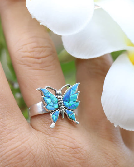 Handmade Sterling Silver Butterfly Ring – Adjustable, Blue Opal or Colorful Gemstones