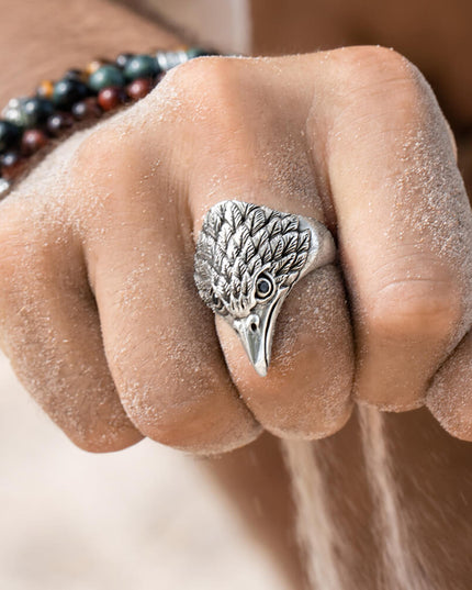 King of Birds Ring – Eagle Design, 925 Sterling Silver with Black Onyx, Sizes 7-15, 34mm Wide