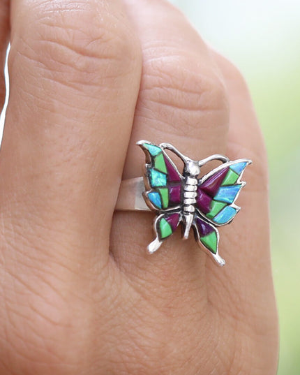 Handmade Sterling Silver Butterfly Ring – Adjustable, Blue Opal or Colorful Gemstones