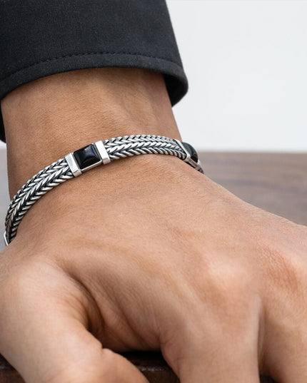 Milan at Night Italian 925 Sterling Silver & Onyx Bracelet – 7.5mm, 17–20g, Sizes 7–10, Lobster Lock