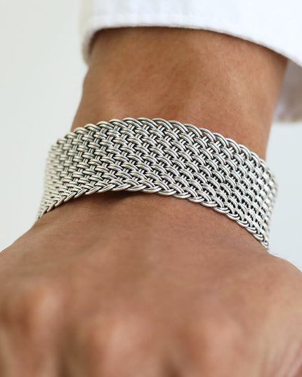 Shining Net 925 Sterling Silver Unisex Woven Cuff Bracelet – 22mm Wide, 32g, Made in Thailand