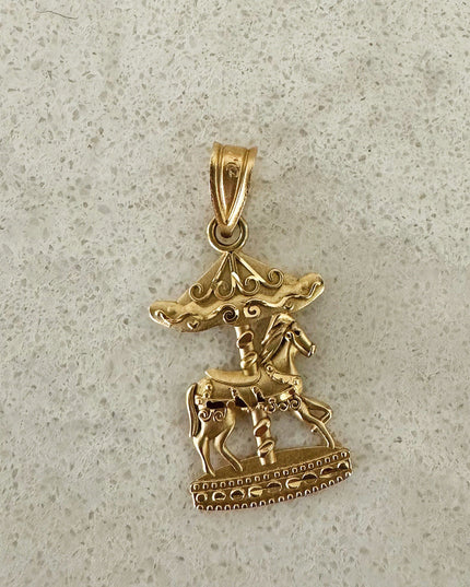 14K Gold Carousel Charm – Vintage Merry-Go-Round Horse Pendant by Michael Anthony, Solid Yellow Gold