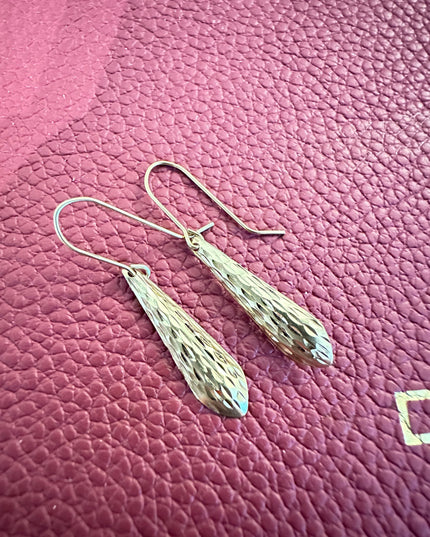 14K Gold Dangle Earrings – Vintage Hammered Drop with French Wire Hooks