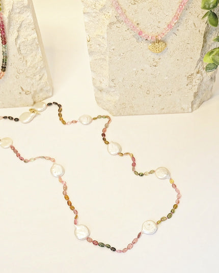 Watermelon Tourmaline Pearl Necklace – Freshwater Pearl & Multicolor Tourmaline, 14K Gold Clasp