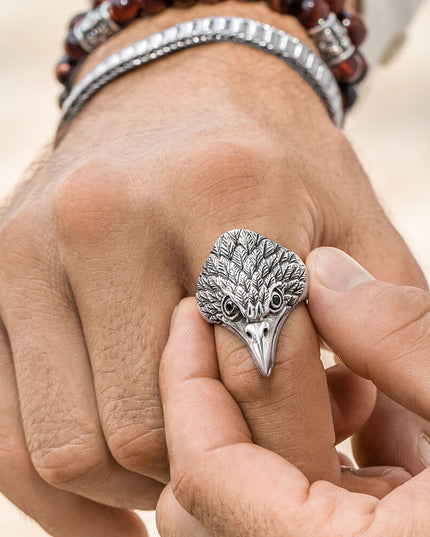 King of Birds Ring – Eagle Design, 925 Sterling Silver with Black Onyx, Sizes 7-15, 34mm Wide