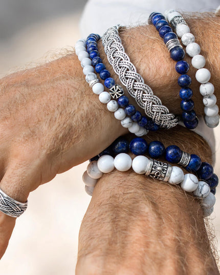 Howlite 925 Sterling Silver & Natural Gemstone Bead Bracelet – White with Grey Veins, 6mm/8mm/10mm, Sizes S–XL, Unisex