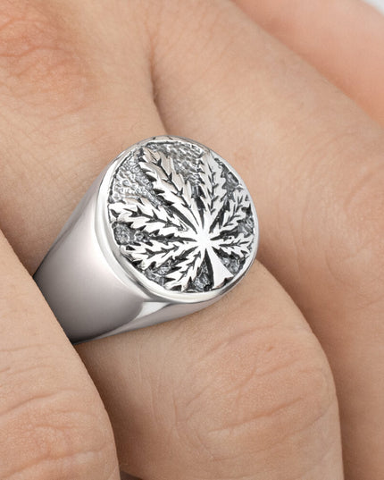 Sterling Silver Cannabis Signet Ring – Solid 925 Men’s Marijuana Leaf Jewelry (18mm)