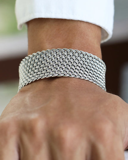 Shining Net 925 Sterling Silver Unisex Woven Cuff Bracelet – 22mm Wide, 32g, Made in Thailand