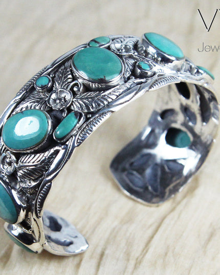 Turquoise Leaves Cuff Bracelet – Solid 925 Sterling Silver with Genuine Turquoise Stones
