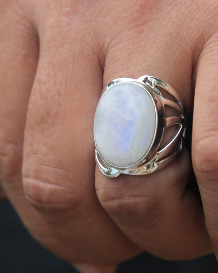 Moonlight 925 Sterling Silver Handmade Moonstone Ring – 20mm Wide, Sizes 6–15, Made in Thailand