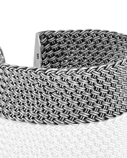 Shining Net 925 Sterling Silver Unisex Woven Cuff Bracelet – 22mm Wide, 32g, Made in Thailand