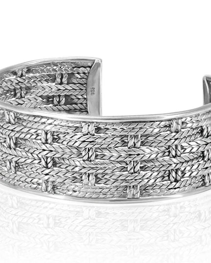 Basket Weave Sterling Silver Cuff Bracelet – Solid 925, Unisex 22mm Wide (38g)