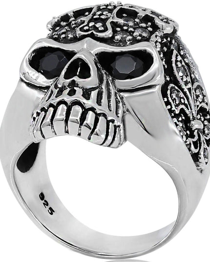 Cross Skull Ring – 925 Sterling Silver with Black & White CZ Stones