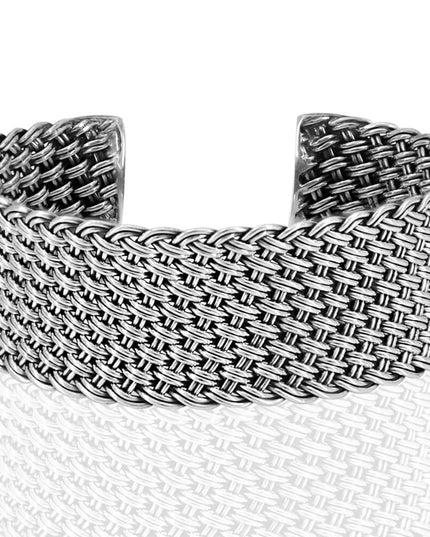 Shining Net 925 Sterling Silver Unisex Woven Cuff Bracelet – 22mm Wide, 32g, Made in Thailand