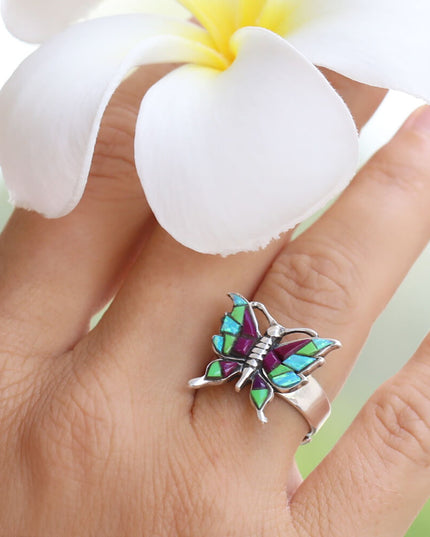 Handmade Sterling Silver Butterfly Ring – Adjustable, Blue Opal or Colorful Gemstones