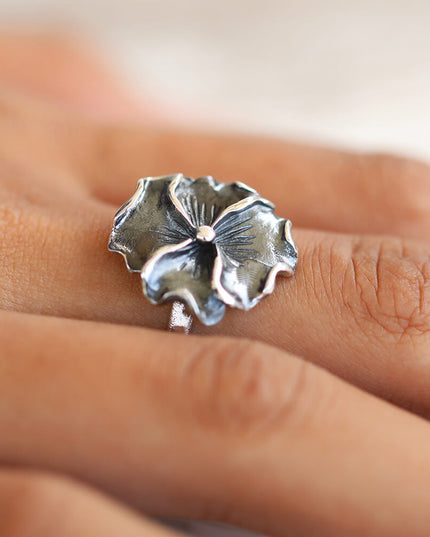 Silver Hibiscus Ring – 925 Sterling Silver Oxidized Flower Ring for Women, Sizes 5–12, Handmade Gift Included
