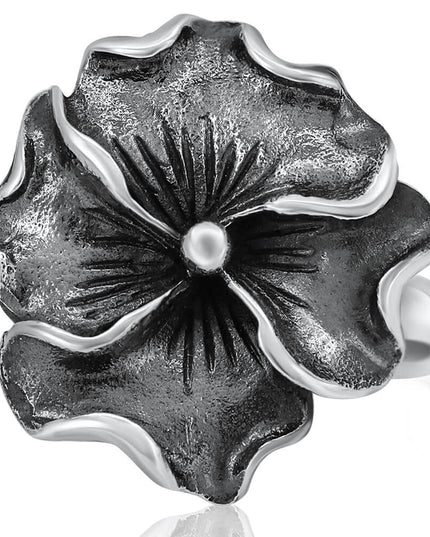 Silver Hibiscus Ring – 925 Sterling Silver Oxidized Flower Ring for Women, Sizes 5–12, Handmade Gift Included