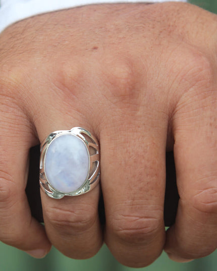Moonlight 925 Sterling Silver Handmade Moonstone Ring – 20mm Wide, Sizes 6–15, Made in Thailand