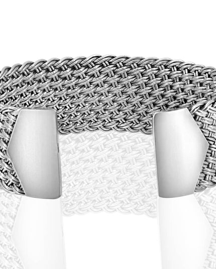Shining Net 925 Sterling Silver Unisex Woven Cuff Bracelet – 22mm Wide, 32g, Made in Thailand