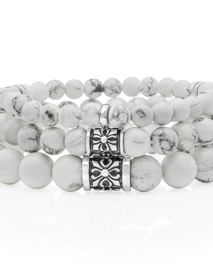 Howlite 925 Sterling Silver & Natural Gemstone Bead Bracelet – White with Grey Veins, 6mm/8mm/10mm, Sizes S–XL, Unisex