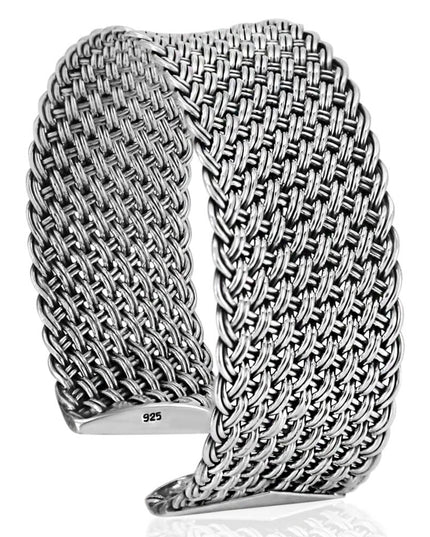 Shining Net 925 Sterling Silver Unisex Woven Cuff Bracelet – 22mm Wide, 32g, Made in Thailand