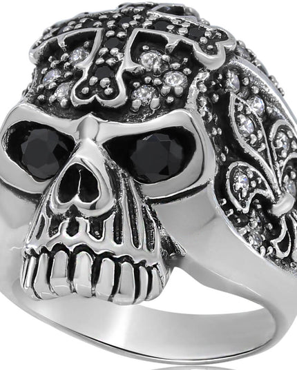 Cross Skull Ring – 925 Sterling Silver with Black & White CZ Stones