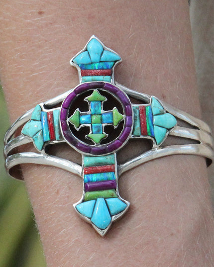 Gemstone Cross Cuff Bracelet – Sterling Silver with Opal, Coral & Turquoise Stones