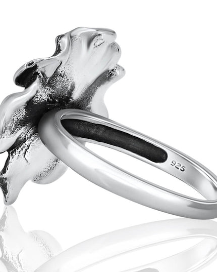 Silver Hibiscus Ring – 925 Sterling Silver Oxidized Flower Ring for Women, Sizes 5–12, Handmade Gift Included