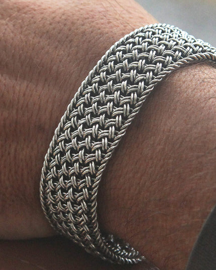 Wide Silver Net Bracelet – Solid 925 Sterling Silver Handmade Cuff