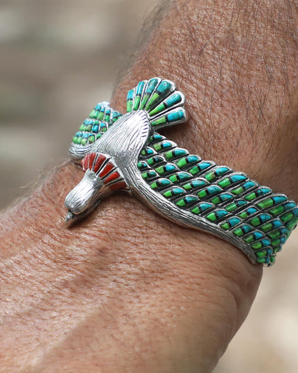 Eagle Myth Cuff Bracelet – Handmade 925 Sterling Silver with Mohave Turquoise, Blue Opal & Coral Gemstones