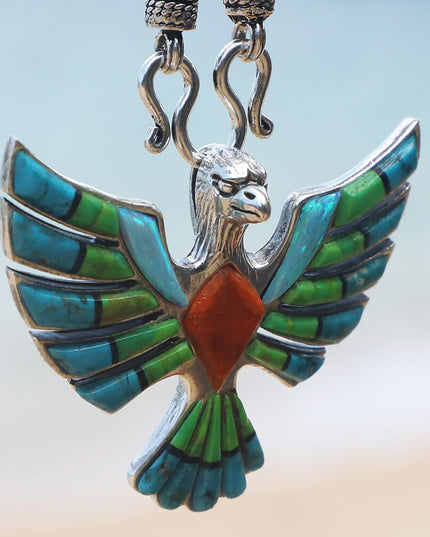 Eagle Myth 925 Sterling Silver Handmade Pendant – Mohave Turquoise, Blue Opal & Coral Gemstones, 50x40mm, 16g