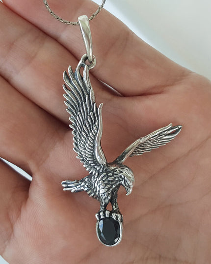 Eagle Catch Pendant – 925 Sterling Silver with Black CZ Stone