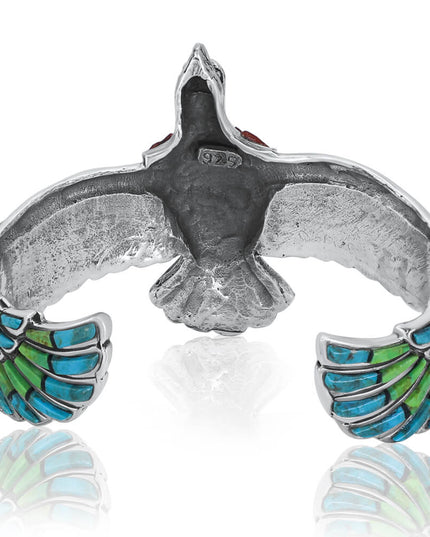 Eagle Myth Cuff Bracelet – Handmade 925 Sterling Silver with Mohave Turquoise, Blue Opal & Coral Gemstones