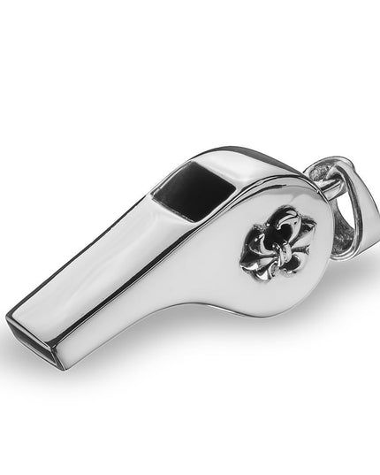 Silver Whistle 925 Sterling Silver Pendant with Fleur-de-Lis – Functional Design, 16x34mm, 18.5g