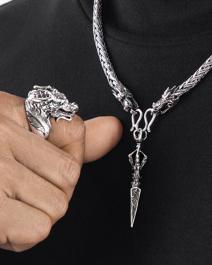 Silver Phurba Pendant – 925 Sterling Silver with Black CZ Stones