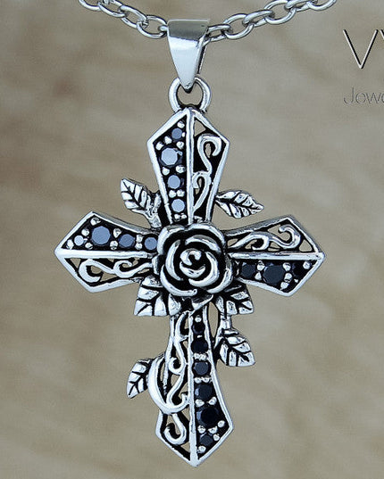 Rose Cross Pendant – Solid 925 Sterling Silver with Black CZ Stones