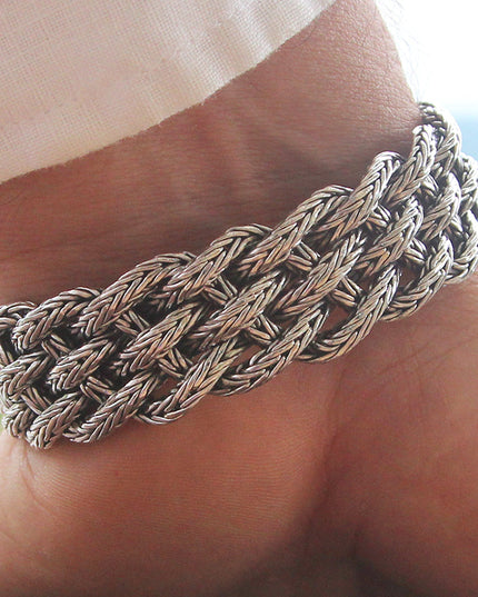 Victorian Flowers 925 Sterling Silver Braided Bracelet – 17mm Wide, Sizes 7–10.5, Made in Thailand