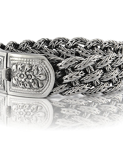 Victorian Flowers 925 Sterling Silver Braided Bracelet – 17mm Wide, Sizes 7–10.5, Made in Thailand