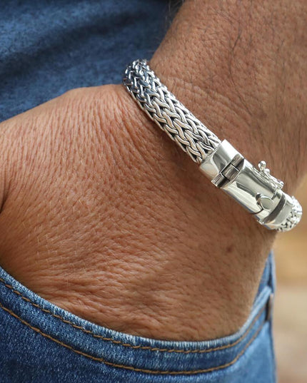 Silver Lightning 925 Sterling Silver Woven Bracelet – 9mm Wide, Double-Lock, Sizes 7.5–10.5, Made in Thailand