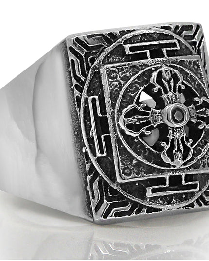 Cross Signet Ring – 925 Sterling Silver with Black CZ Stones