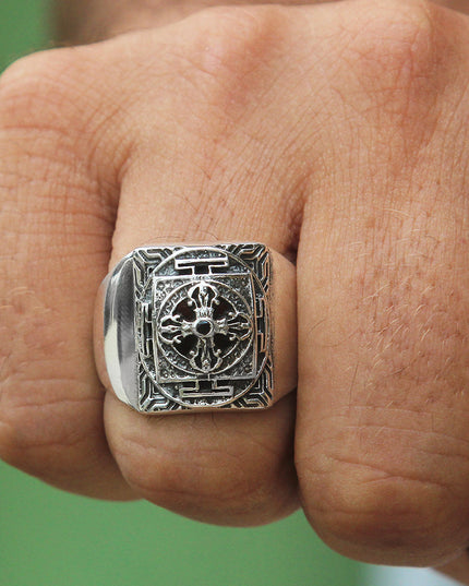 Cross Signet Ring – 925 Sterling Silver with Black CZ Stones