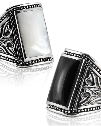 Onyx or Shell 925 Sterling Silver Signet Ring – Black Onyx or White Shell, 20x13mm Stone, Sizes 8–15, Made in Thailand