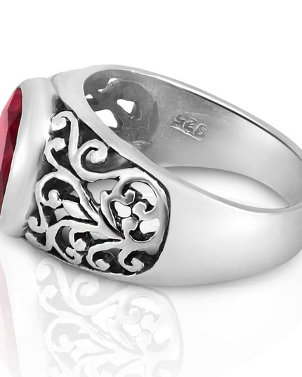 Merlot Ring – Handmade 925 Sterling Silver CZ Ring with Red Cubic Zirconia, 14mm Wide, Adjustable Size 7-14