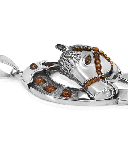 Silver Horseshoe Handmade 925 Sterling Silver Pendant with Baltic Amber – 78mm x 65mm, 79g